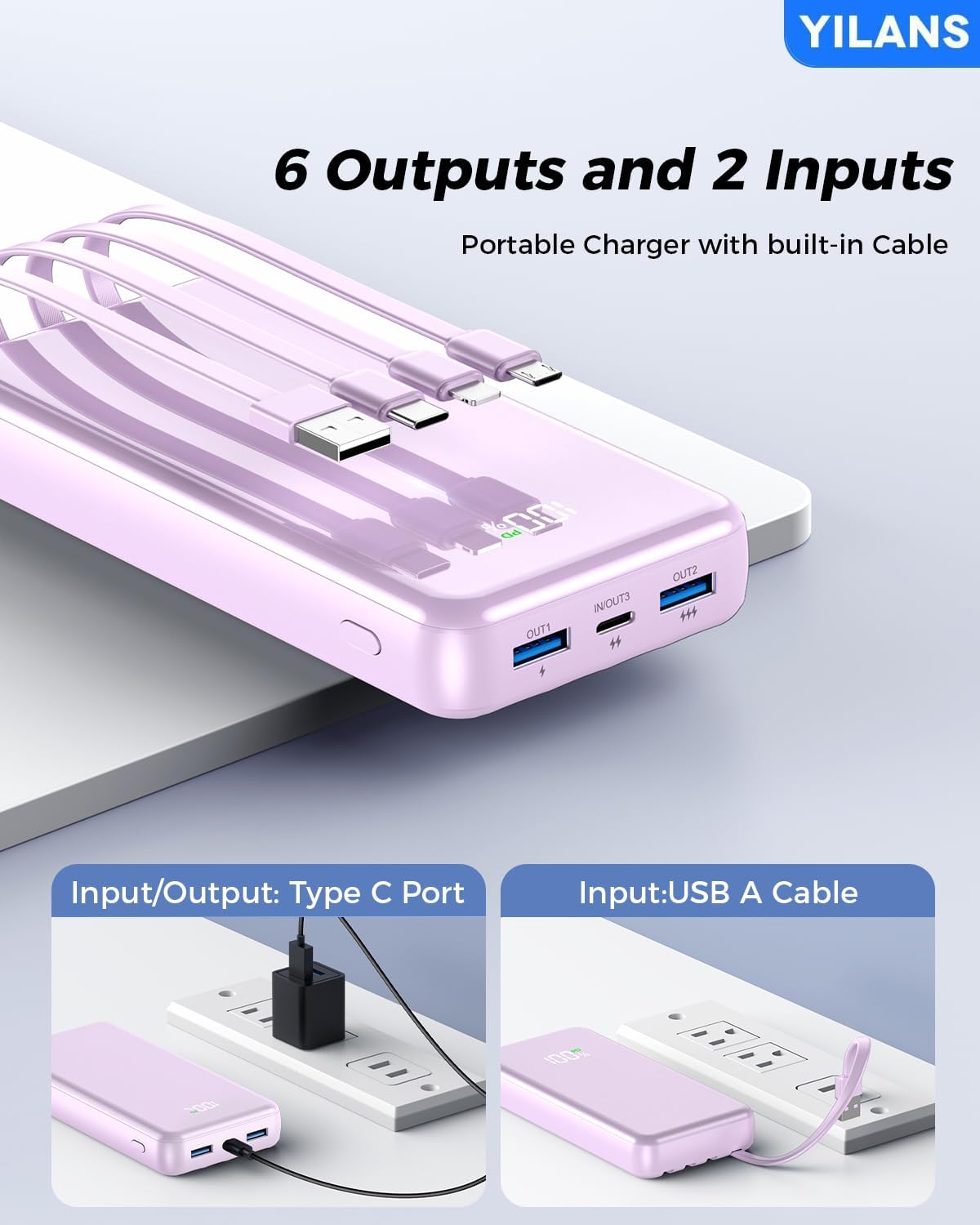 Cargador portátil, banco de energía de 42800 mAh con cable integrado, carga rápida PD USB C de 22,5 W entrada y salida, paquete de batería externa con 6 salidas y 2 entradas, cargador de - imagen 6