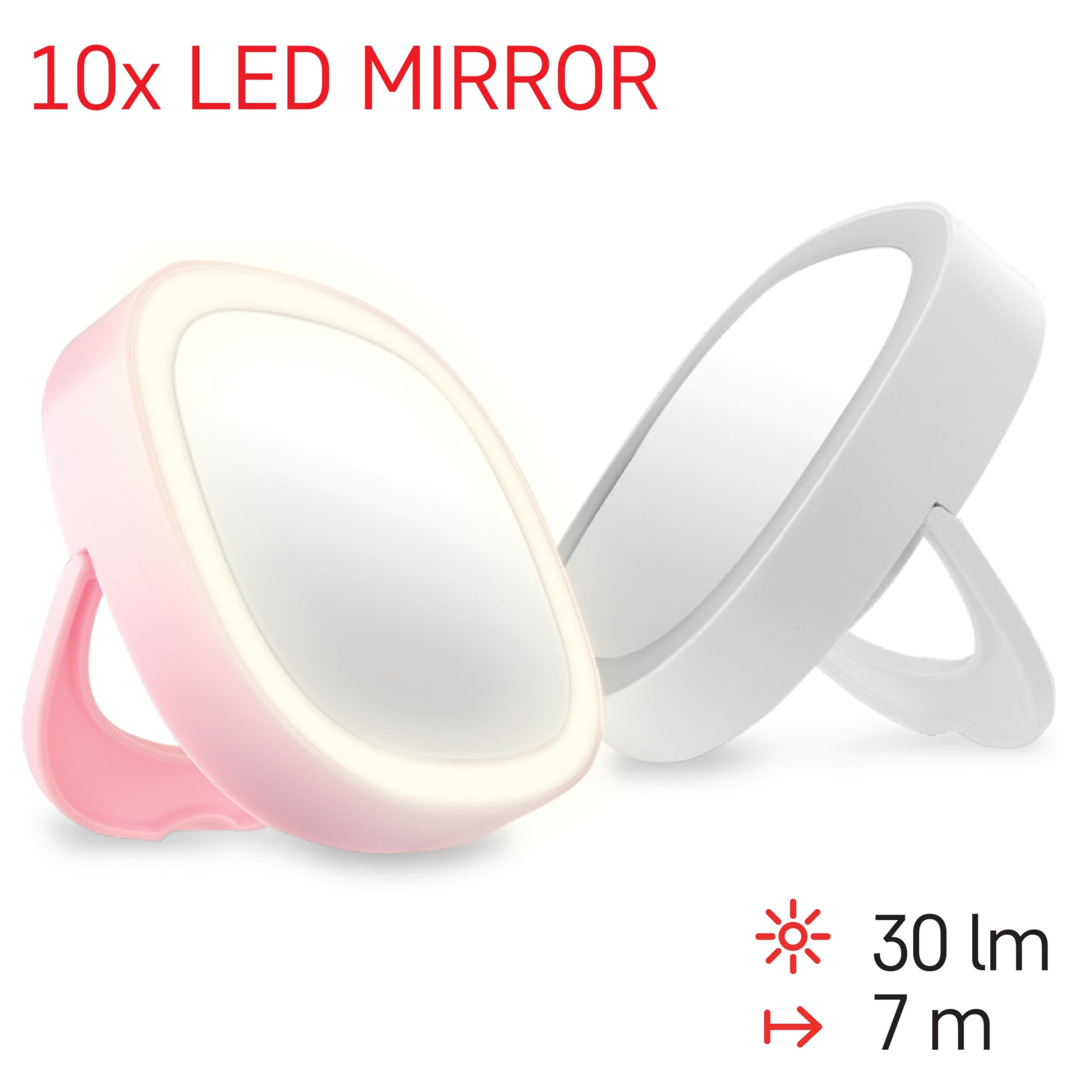 EMOS LED Taschenspiegel mit Licht, 10 Stück Kleiner Kosmetikspiegel, Handspiegel, Reisespiegel mit Ständer in 2 Farben (weiß, rosa), 2 Lichtmodi, inkl. Batterien