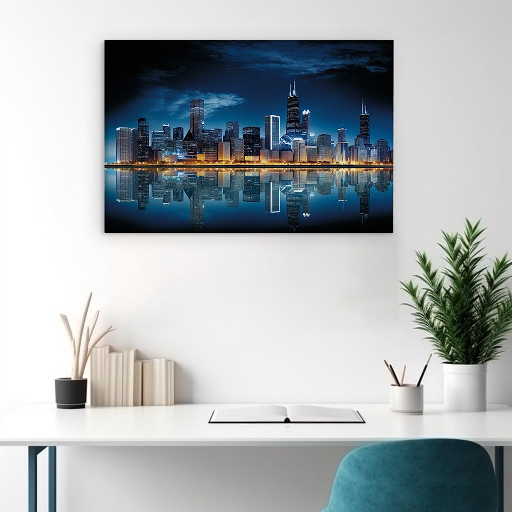 Canvas for Living room. Illuminating Elegance: Chicago's Skyline Dances in Nighttime Reflection, 27 x 18 inch Canvas Wall Art - Skylines And Cityscapes - Modern Home Decor