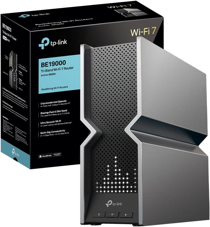 WiFi 7 Archer BE800 Router WiFi, BE19000 19Gbps, Schermo a LED, Tri-Band, Canali 320 MHz, Porta Ethernet da 10 Gbps, Ripetitore, WiFi 7 Senza Precedenti, Alexa, HomeShield, MLO, VPN - Router