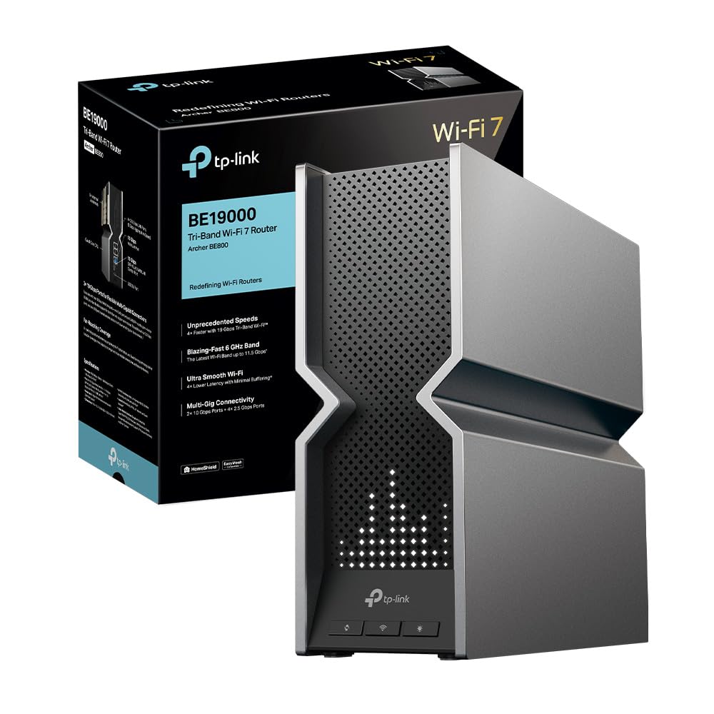 TP-Link WiFi 7 Archer BE800 Router WiFi, BE19000 19Gbps, Schermo a LED, Tri-Band, Canali 320 MHz, Porta Ethernet da 10 Gbps, Ripetitore, WiFi 7 Senza Precedenti, Alexa, HomeShield, MLO, VPN