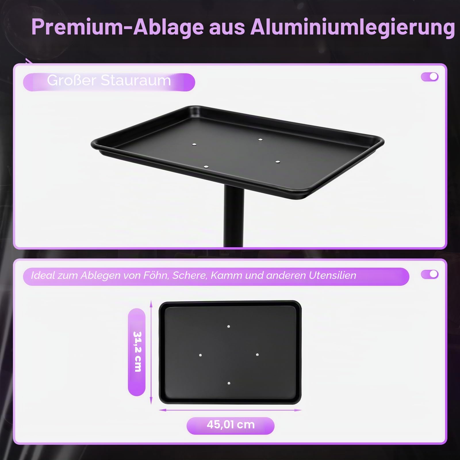 Professional Salon Tattoo Instrument Tablett, Rollwagen, mobiler Ständer, höhenverstellbar, Schwarz