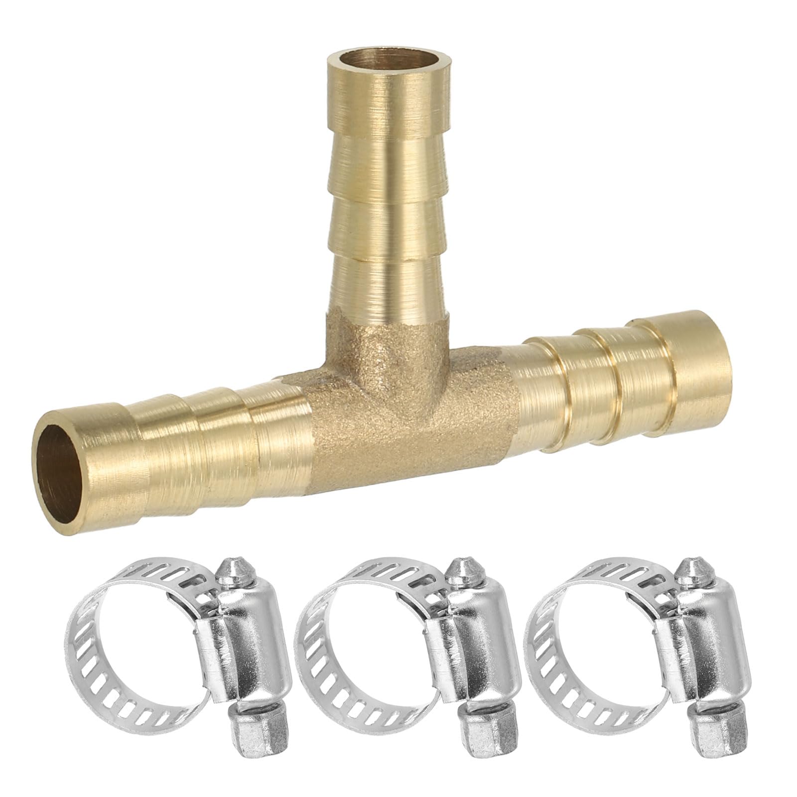 PATIKIL 1/2" Brass Tee Hose Barb Fitting, 3 Ways Union Intersection T Shape Barbed Split with Clamps for Air Water Fuel Gas Liquid, Golden — view 16