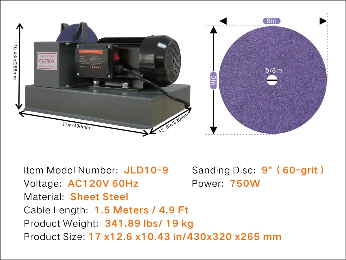 JLD10-9 - Afilador de cuchillas para cortacésped, 1 HP 750 W, amoladora de cuchillas para cortacésped con rueda de molienda de cerámica de 9 pulgadas y equilibrador y 5 discos de lijado