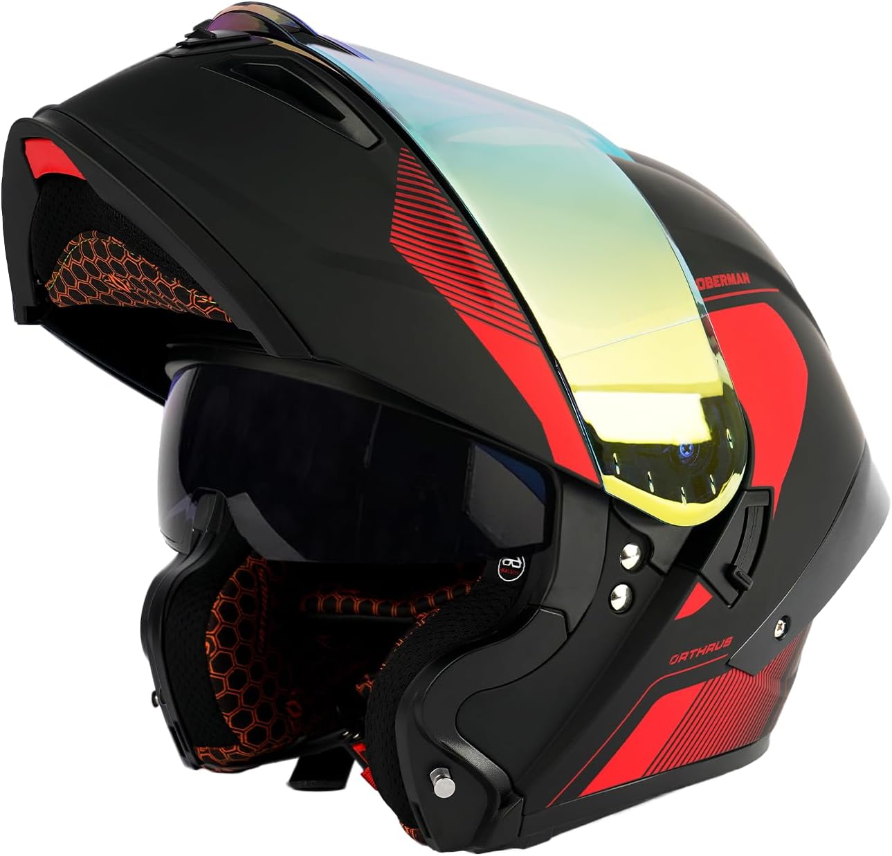 Orthrus Modular LED Full Face Motorcycle Helmet - DOT Approved Flip-Up Dual Visor Sun Shield