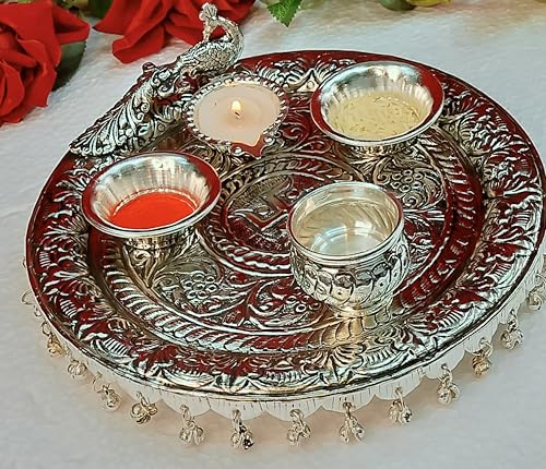 indiancraftsbykanika German Silver Peacock Design Ghungaru Aarti thali Set of 4 Pieces