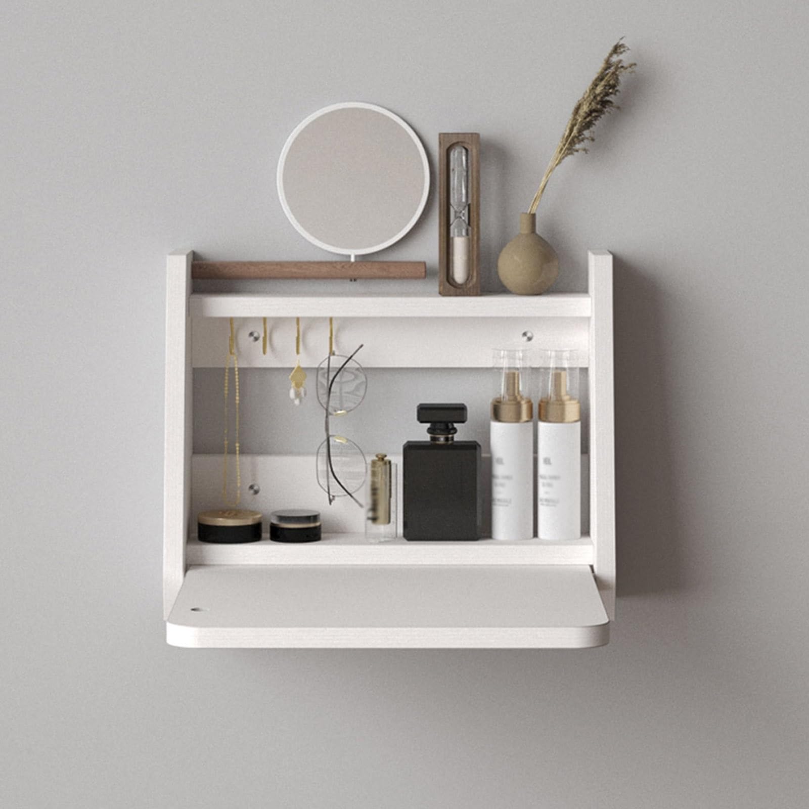 BKSXSOP Compact Floating Vanity Table with Mirror, Wall-Mounted Makeup Station, Space-Saving Wooden Dressing for Bedroom & Bathroom (White, 40cm)