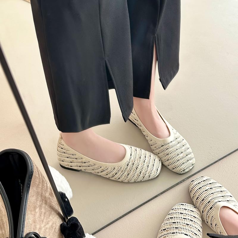 Image of RVROVIC Women's Knit Square Toe Ballet Flats, Slip‑On Casual Flat Shoes