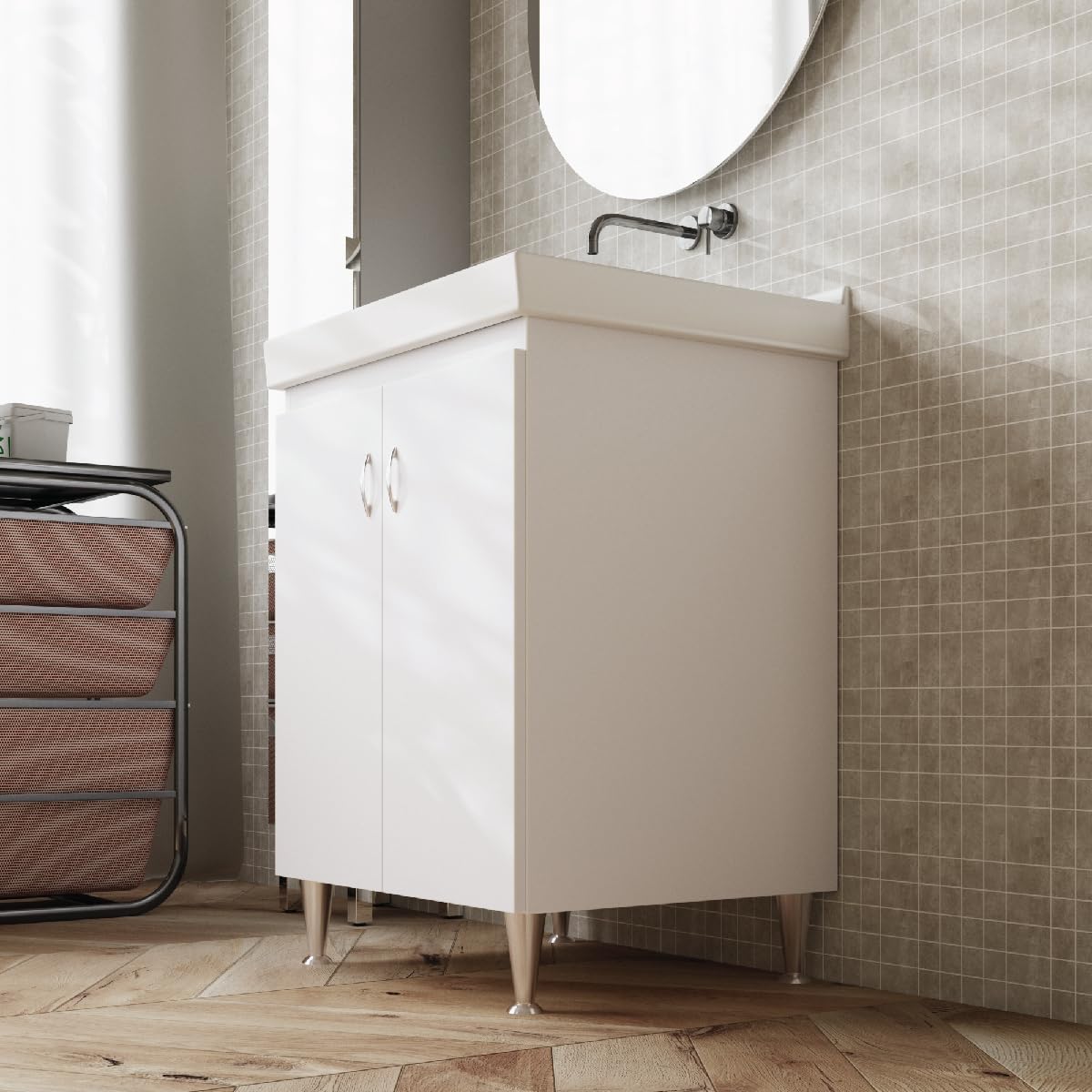 MarinelliGroup MOBILE lavatoio bianco con vasca in CERAMICA 63 X 51 X 86 con foro troppo pieno Dyma