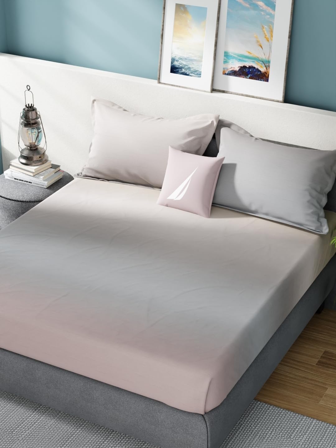 NAUTICA 160TC Super Soft 100% Cotton King Bedsheet with 2 Pillow Covers -3Pc Set (Bradford) Solid-Khaki/Grey-image-4