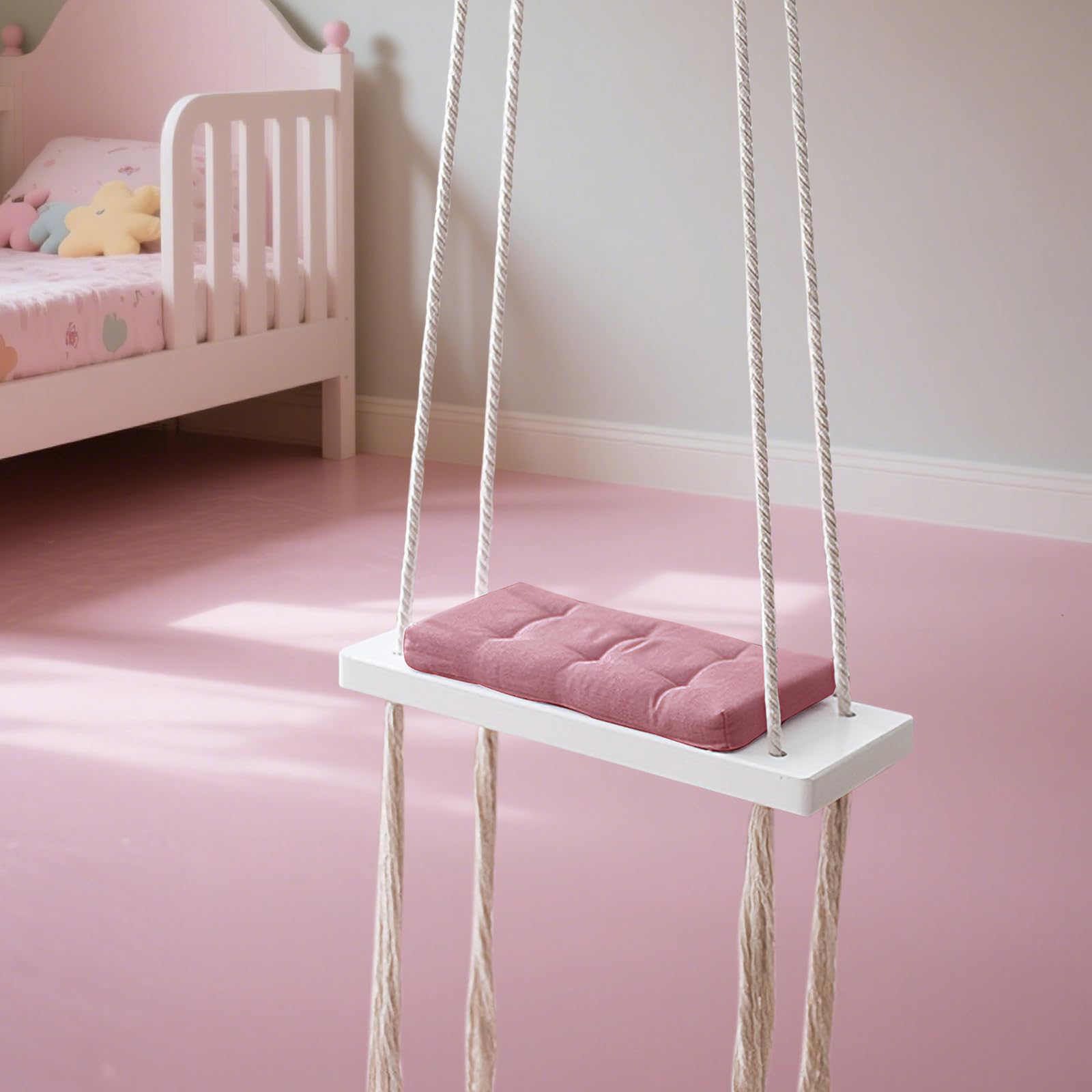 Columpio colgante de madera maciza rosa con acolchado para niños