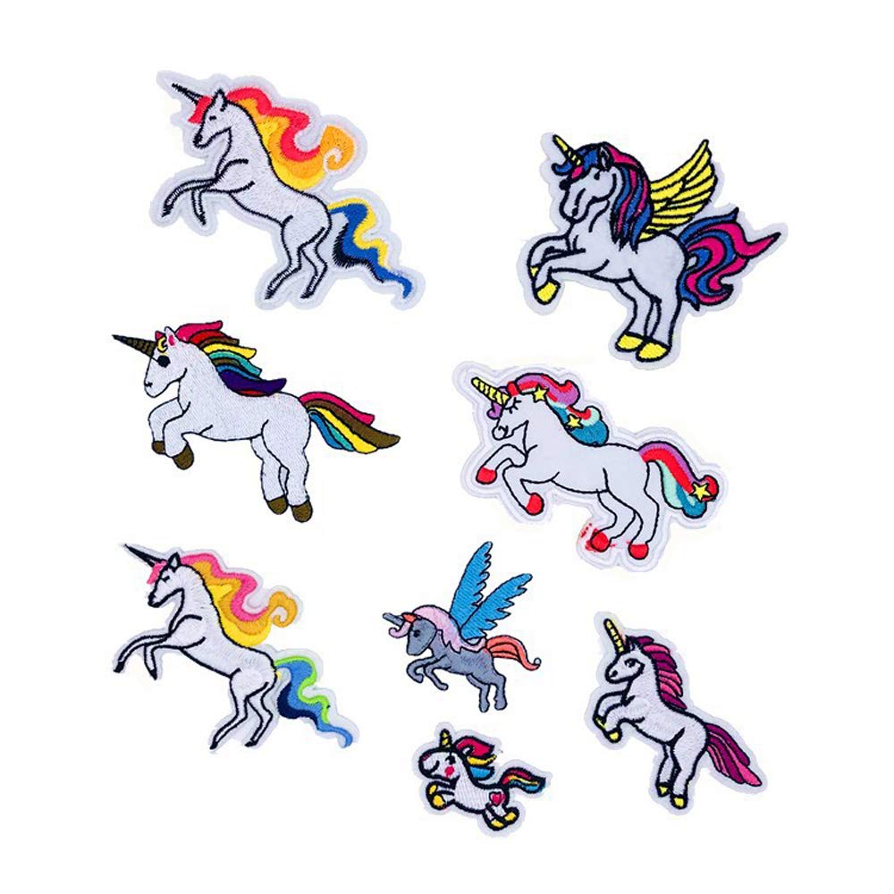 CYWQ 8Pcs Unicorn Iron on Patches Patch Stickers Badge Down Patch Applique Kit Assorted Size Decoration Sew On Patches for Clothing, Jackets, Backpacks, Jeans