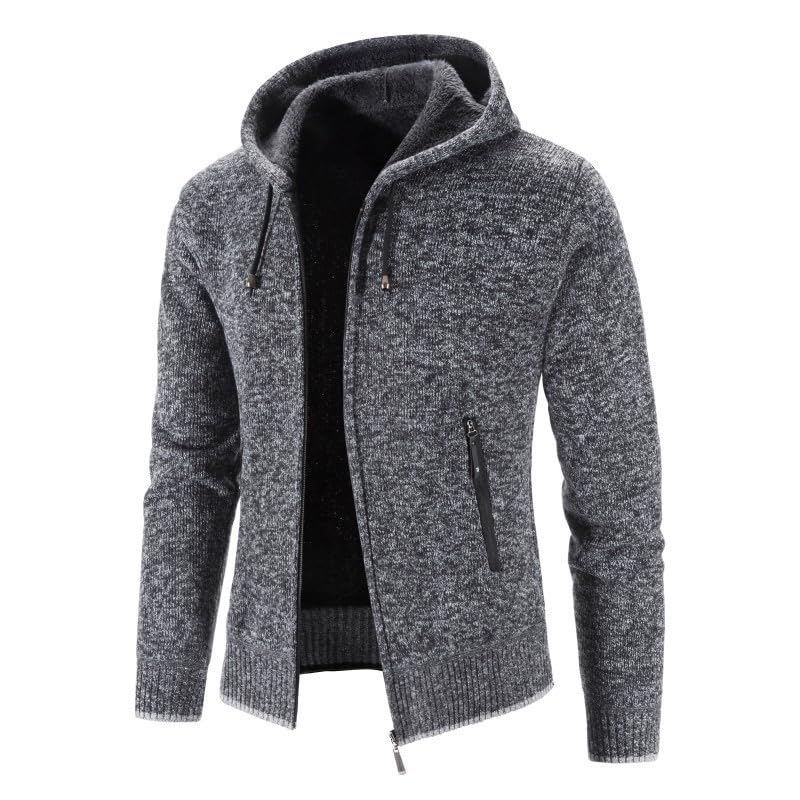 fizzoqi Men's Winter Slim Fit Fur Lined Knitted Hoodie Zipper Cardigan Sweater Jacket-picture-18