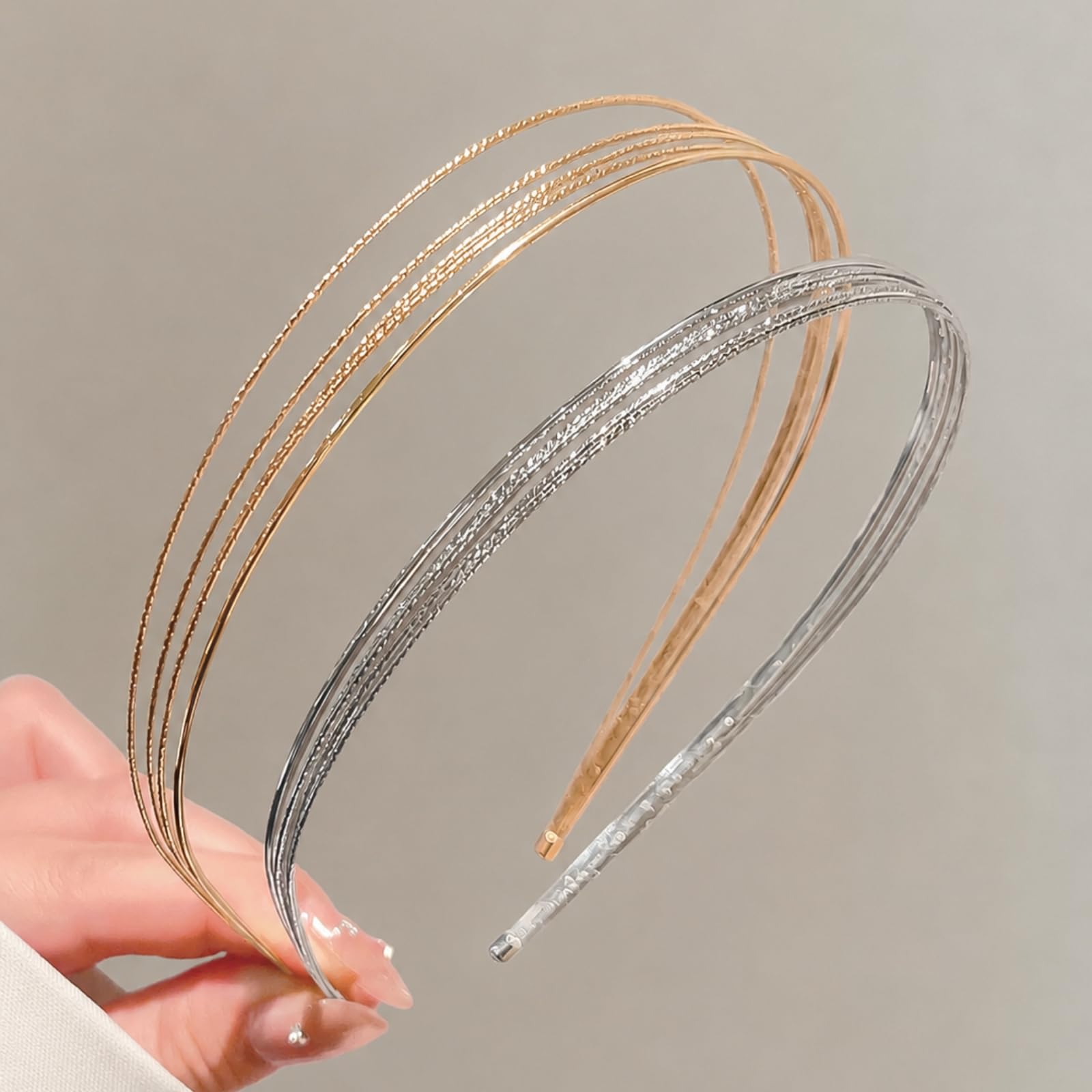 Goldfarbenes Stirnband und silberfarbenes Metall-Stirnband für Damen – 2 Packungen dünnes Haarband, modische Stirnbänder für Mädchen, elegantes goldfarbenes Haar-Accessoire, leichte