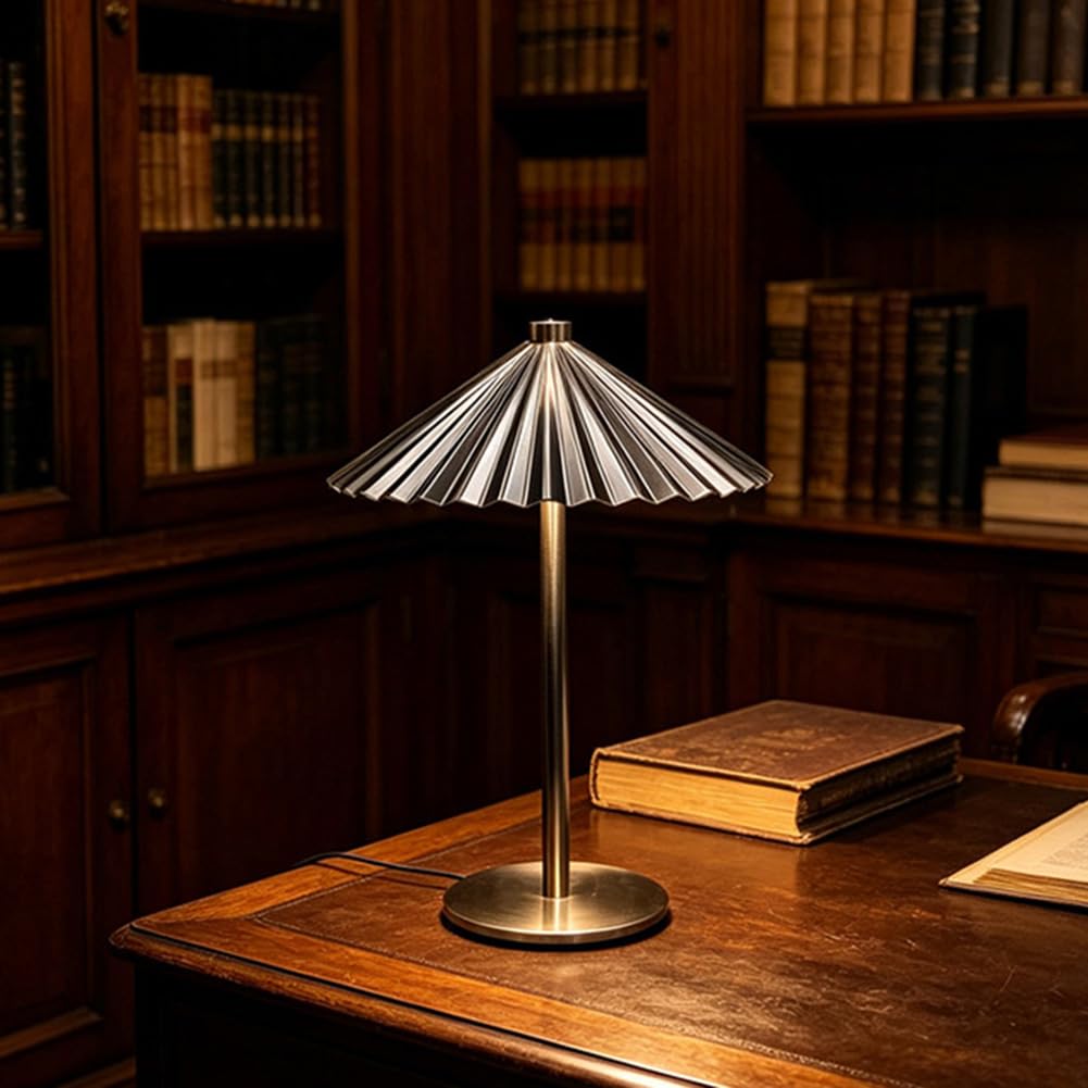 LOGT LED Cordless Table Lamp Portable Pleated Design Table Light USB Rechargeable Battery Operated Mushroom-Shaped Lamp, 3 Colour Temperatures, Dimmable Switch, Bedside Lighting Aluminium,Silver