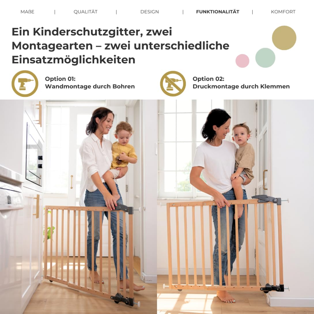 Geuther Treppenschutzgitter ohne Bohren, 68‑102 cm | Flexibles & klemmbares Kinderschutzgitter I Türgitter Baby aus Holz, massiv I Türschutzgitter ohne Bohren mit Sicherheitsverschluss I Farbe Weiß