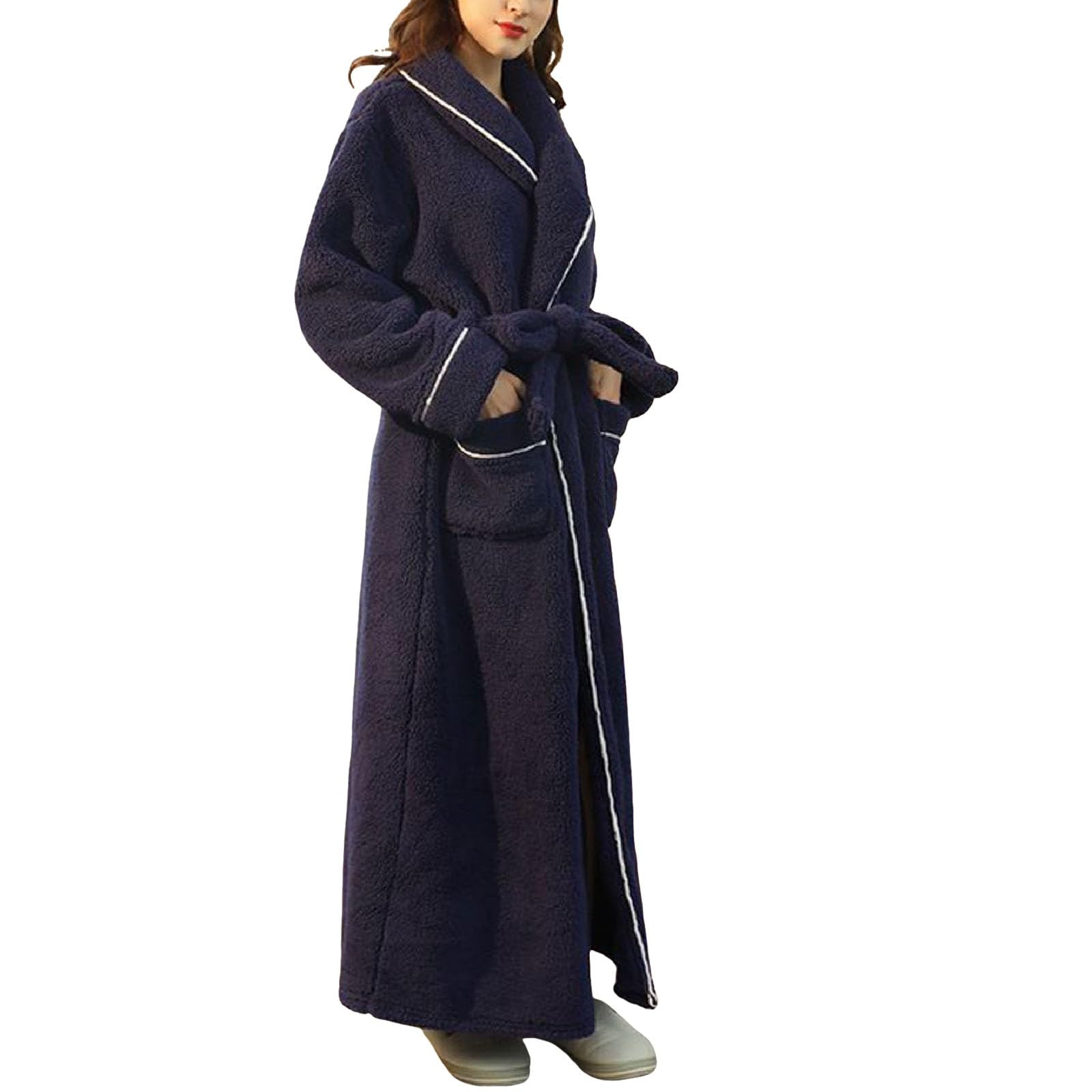 Albornoces largos y cálidos para hombre y mujer, para invierno, albornoz de franela de viaje, de forro polar, tallas grandes, bata de baño de manga larga, suave, cómoda, mullida