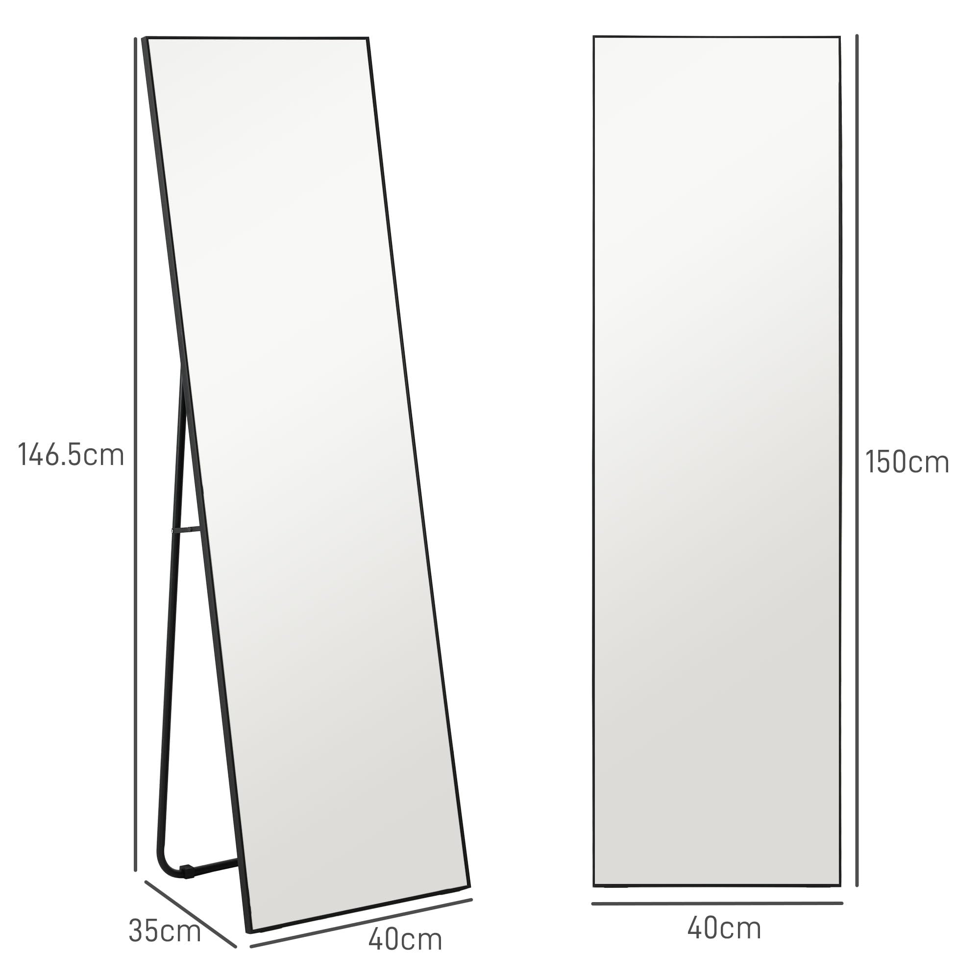 HOMCOM Specchio da Terra Moderno a Figura Intera, 40x150 cm Specchio da Parete e Autoportante Rettangolare con Cornice, Ganci e Supporto per Camera da Letto, Soggiorno e Ingresso, Nero