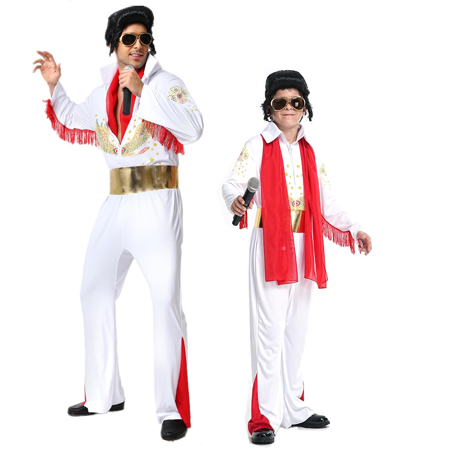 Luming Herren Halloween Kostüm Karneval Deluxe Kostüm 50er 70er Disco-Party 5-teiliges: Jumpsuit, Gürtel, Perücke, Sonnenbrille, Schal