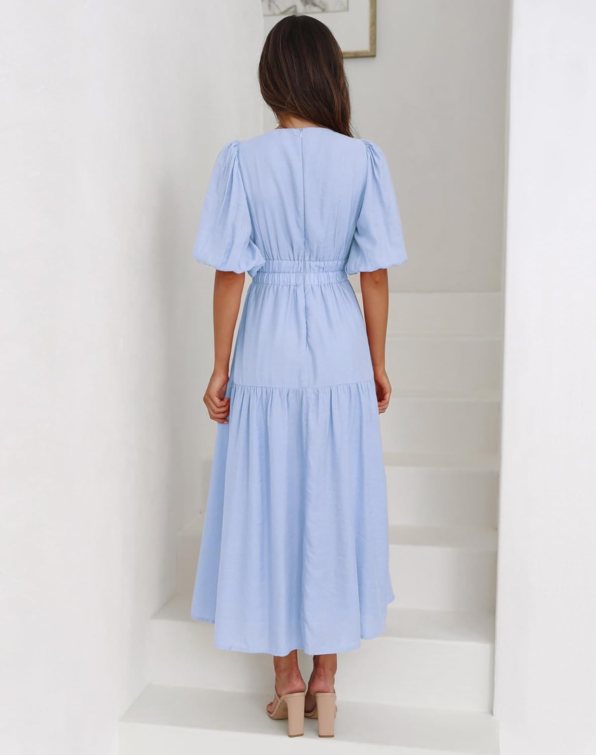 Lucrosun Women's Summer V Neck Short Puff Sleeve A Line Tiered Midi Dress - Image 2