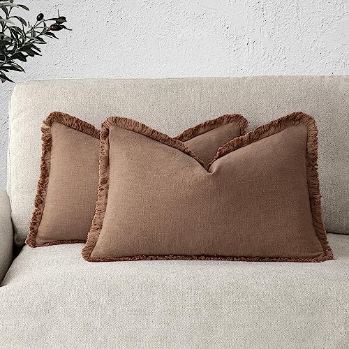 Image of Foindtower Set of 2 Decorative Linen Fringe Throw Pillow Covers Boho Farmhouse Cushion Cover with Tassels Lumbar Accent Pillowcase for Couch Bed Sofa Living Room Home Bedroom Decor,12x24 Inch,Rust