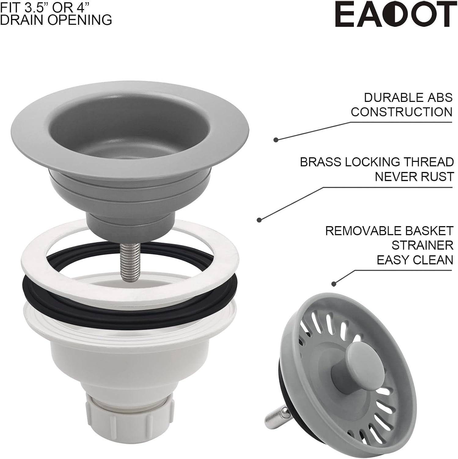 3-1/2 Inch Polymer Slate Gray Sink Drain Assembly with Basket Strainer and Stopper for Quartz, Granite or Fireclay Kitchen Sinks