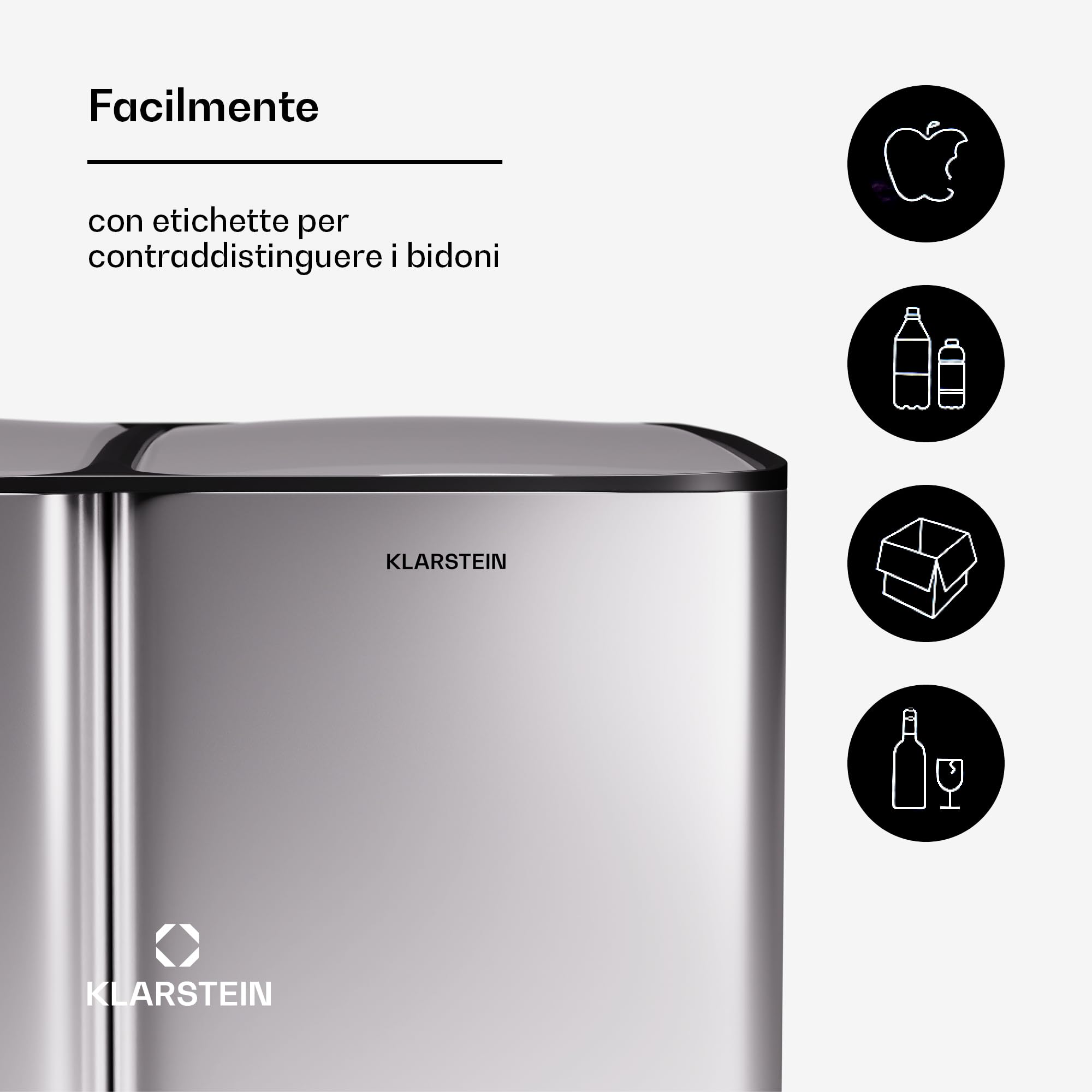 KLARSTEIN Cestino Differenziata 3 Scomparti in Metallo, Porta Rifiuti di Design da 60 Litri per Esterno, Interno e Ufficio