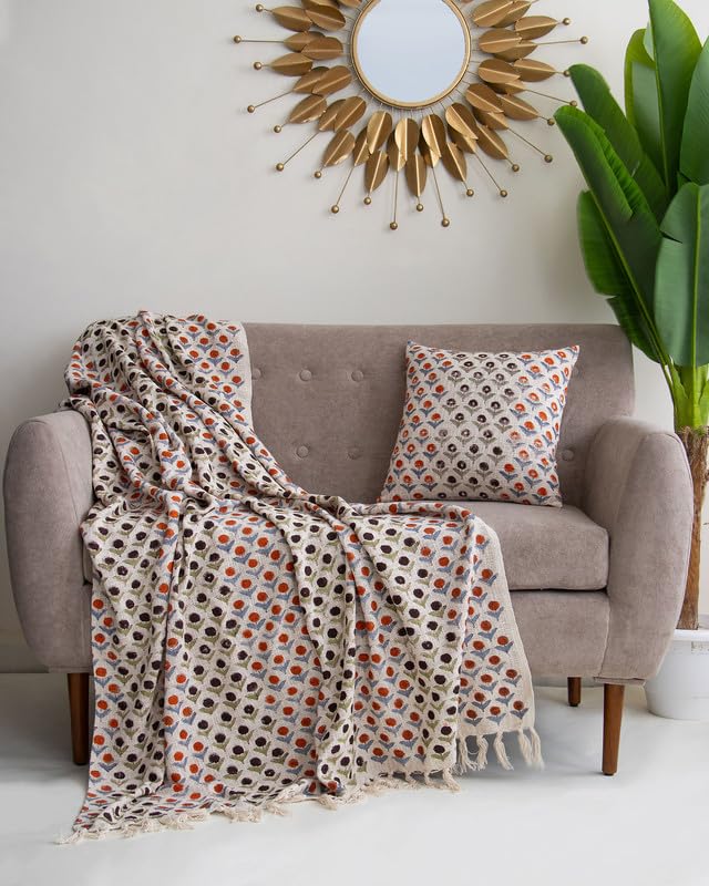 Image of Cotton Printed Peach Floral Jaal Pattern Sofa Throw (50x70 Inches) with 2 Pcs Cushion Cover(16x16 Inch) Boho Lightweight Thrower for Couch, Living Room & Bed (Pack of 3)