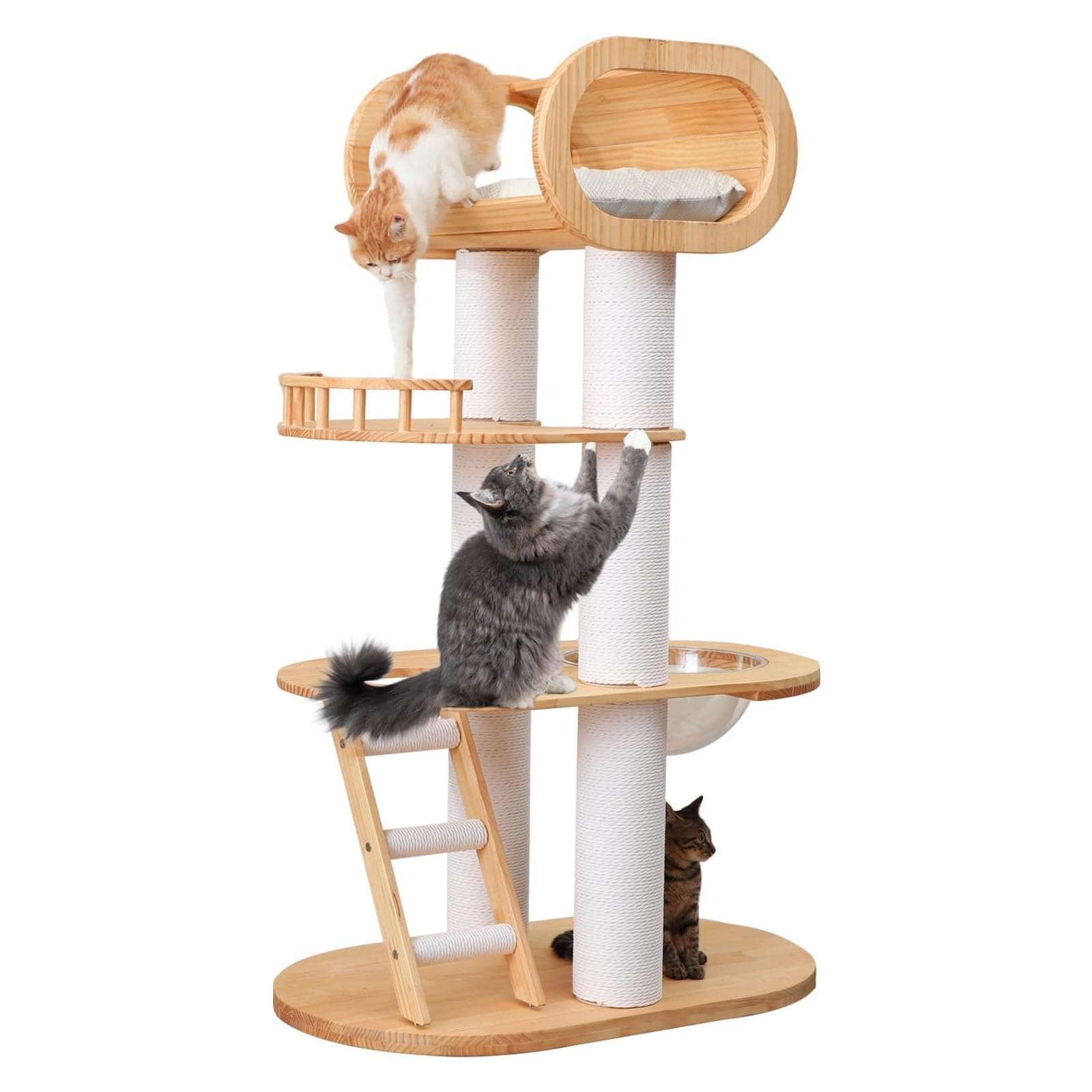 Tiragraffi per Gatti da Interno, Moderno Tiragraffi A Torre Alto 63'', Albero da Arrampicata Multilivello per Gatti di Grandi Dimensioni, Casetta in Legno Massello con Ciotola Trasparente