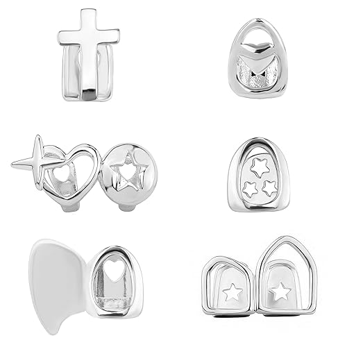 MEDOJO 6 Pcs Gold Silver Grills for Your Tooth Single Open Face Grillz for Women Men Teeth Accessories Jewelry - Silvery