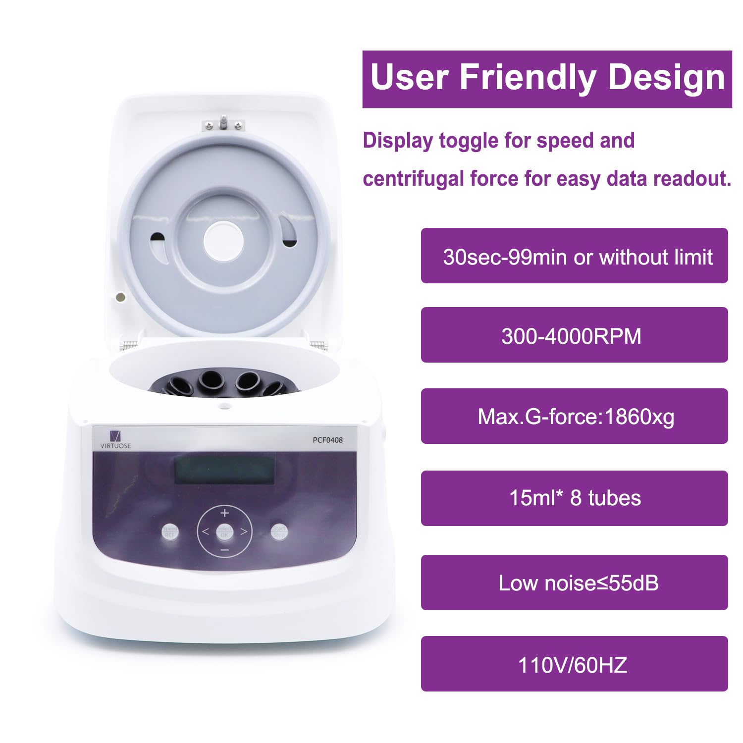 VIRTUOSE Professional PRP PRF Centrifuge Machine 8 x 10ml/15ml, 300-4,000RPM(Max. 1860xg), Noise≤55dB.110V, Digital BenchtopCentrifuges w/Timer