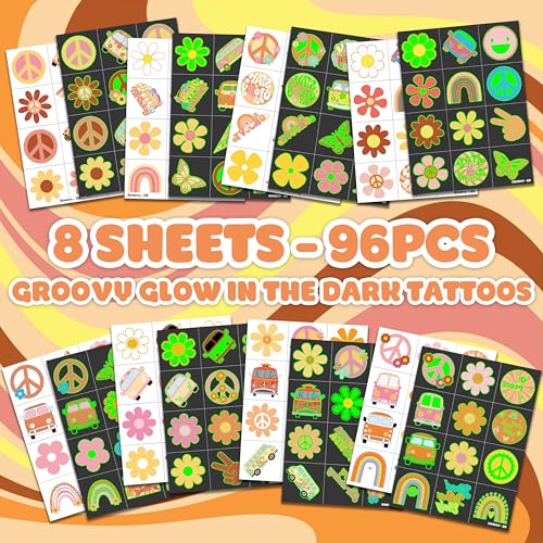 Image of 96PCS One Two Groovy 60s 70s Pre-Cut Luminous Temporary Tattoos for Kids