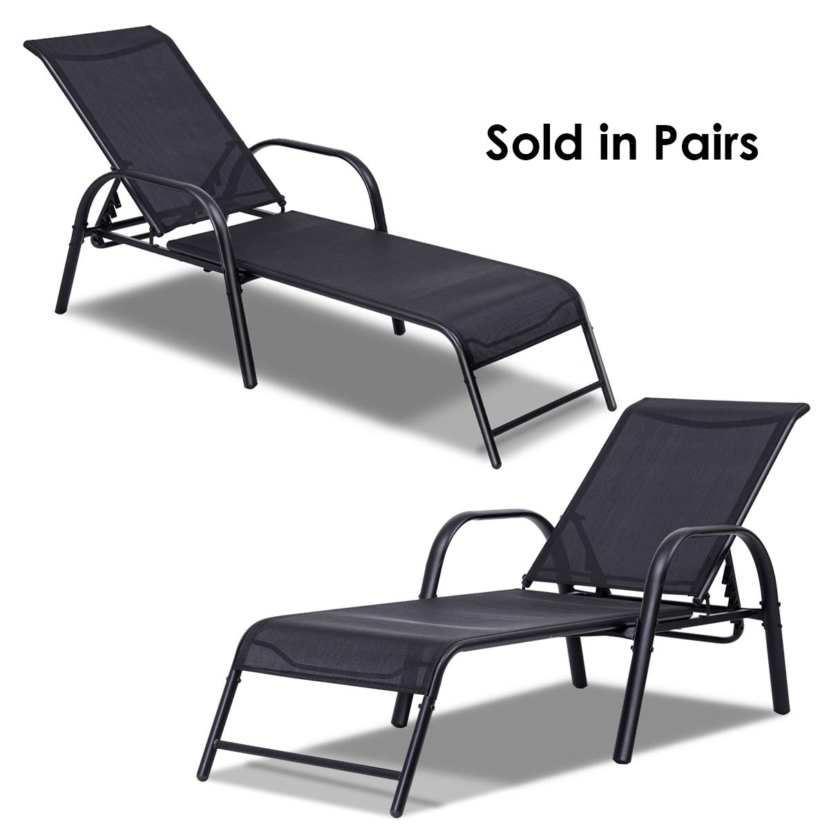 Giantex Outdoor Patio Chaise Lounge Chair, Adjustable Lounge Chairs Patio Seating Furniture, 5 Adjustable Positions, Backyard Lawn Sling Chaise for Beach Yard Pool (2)