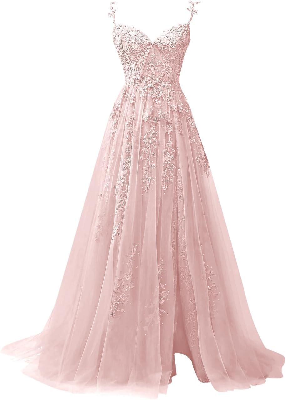 Hppee Women's Blush Pink Prom Dresses For 2024 With Slit Lace Applique Tulle Ball Gown Sweetheart Long Pageant Evening Dress Uk12