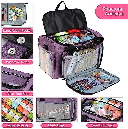 Yarn Knitting Storage Tote-Large Capacity Crochet Organizer Portable Travel Bag with Shoulder Strap Crochet Hooks Case for Unfinished Bulk Project