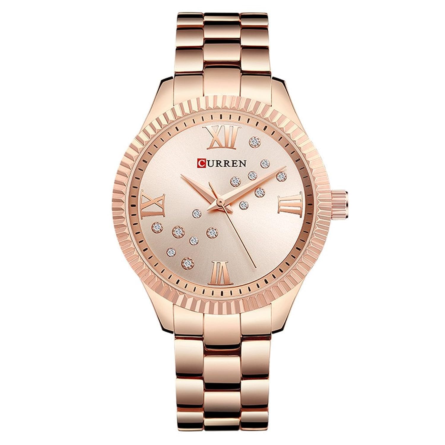 9009 Quartz Movement Round Dial Stainless Steel Waterproof Women Watch - Rose Gold, White