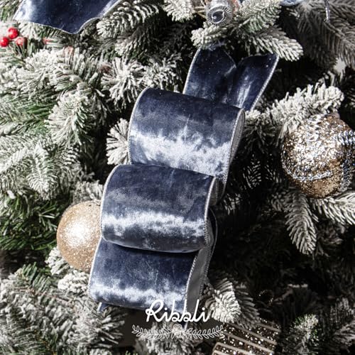 Image of Ribbli Dusty Blue Velvet Wired Ribbon 4 Inch Metallic Crushed Velvet Christmas Ribbon for Gift Wrapping Christmas Tree Decoration Crafts Wreaths Supplies-Continuous 10 Yards