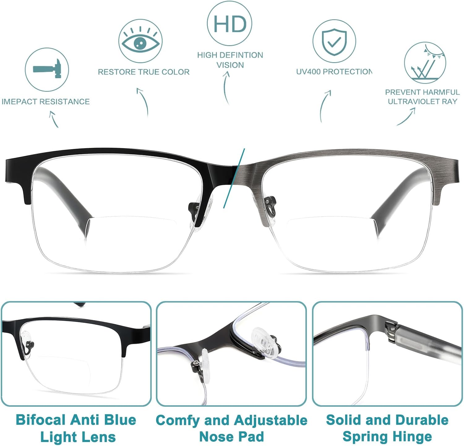 2 Pack Metal Clear On Top Bifocal Reading Glasses Men, Half Frame Spring Hinge Computer Blue Light Bifocals Readers - Image 4