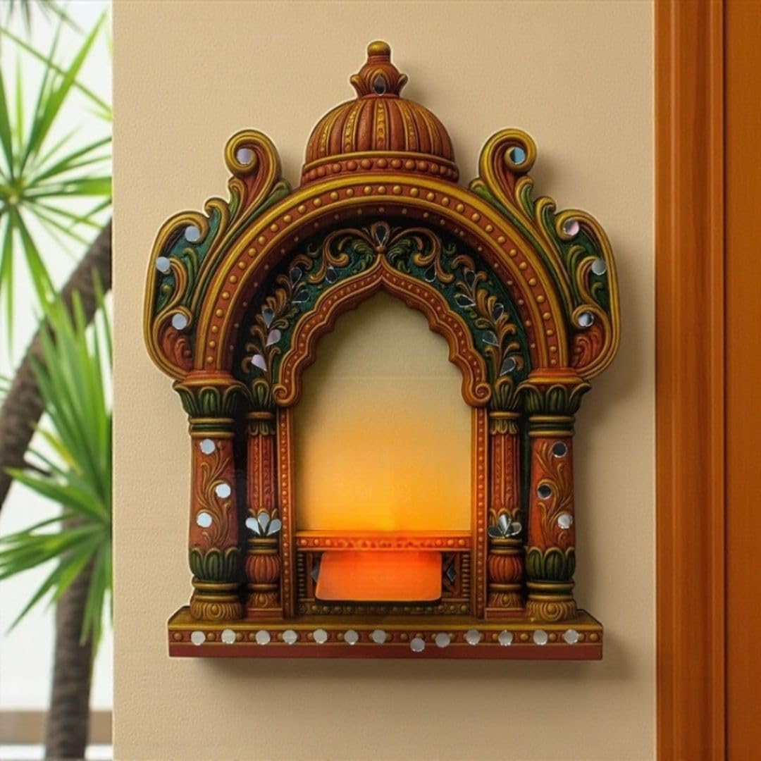 SATYAM KRAFT 1 Pcs DIY Wooden Decorative Wooden Wall Hanging with Mirror Work & Glue for Navratri, Diwali, Deepavali, Pooja Room, Gifting, Traditional Temple Showpiece (Wooden Jharokha)-image-1