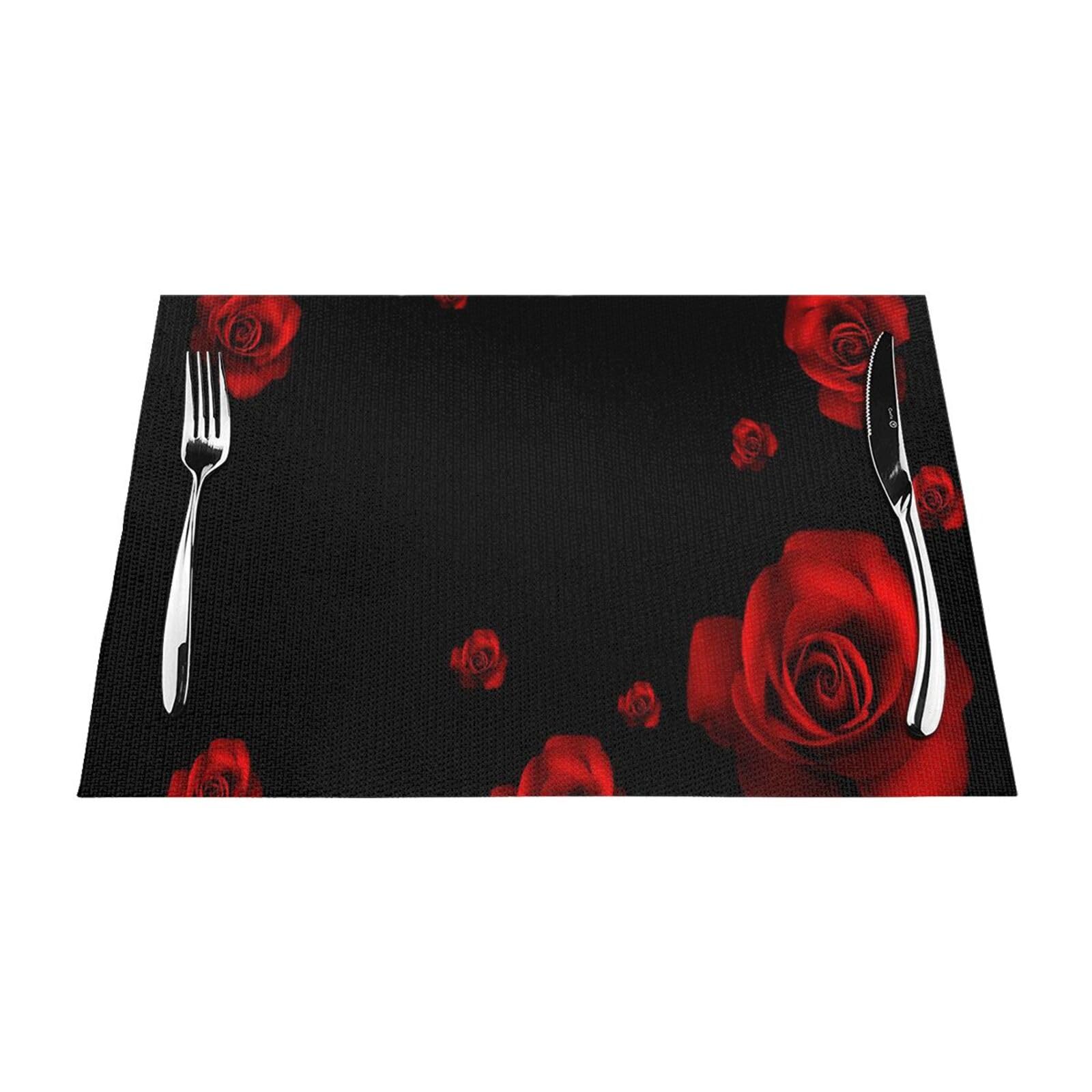 PVC Placemat Set of 1 PCS, 45x30 CM, Red Rose Black Background Printed Non-Slip Heat Resistant Place Mats for Kitchen Dining Table Indoor Outdoor