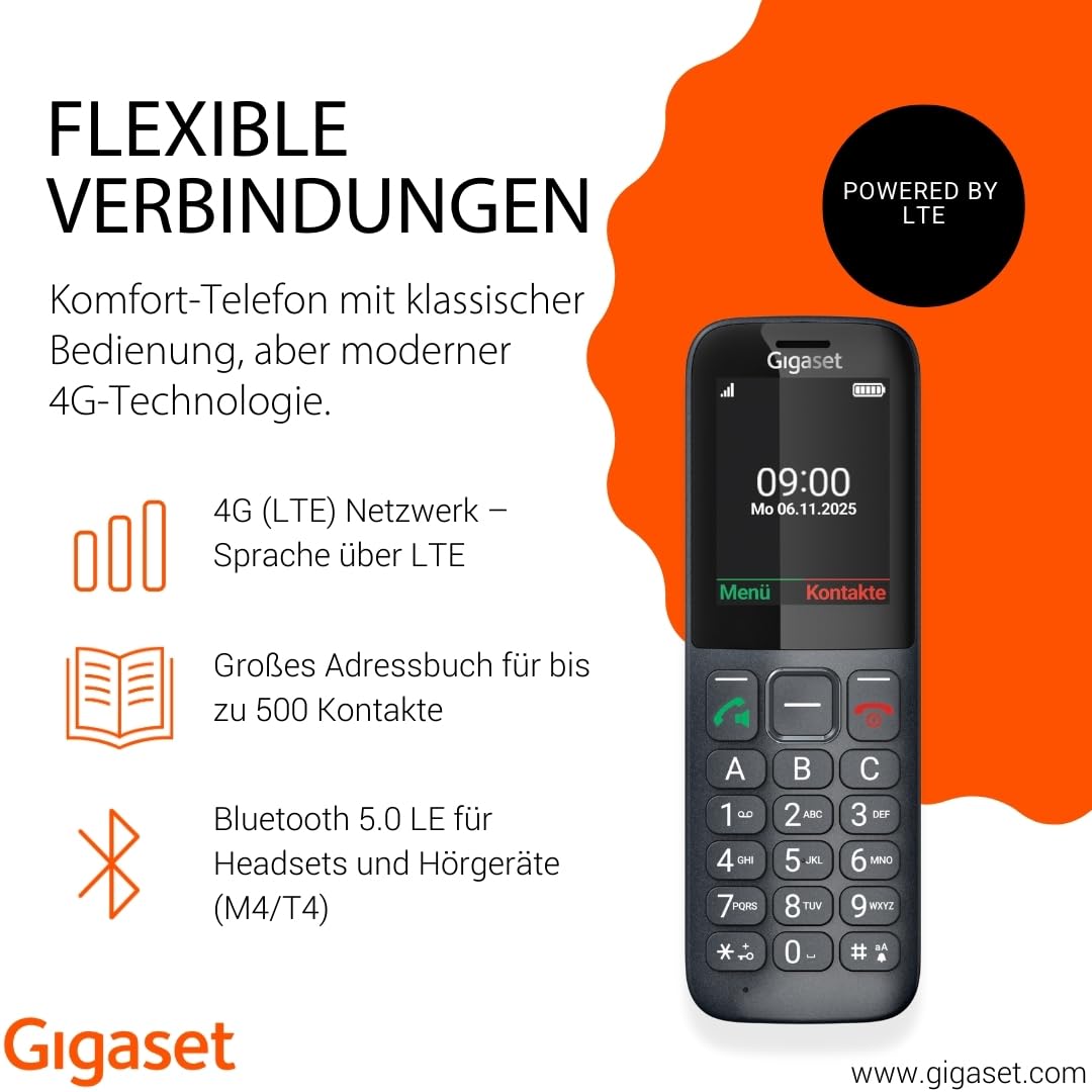 Gigaset Comfort 600 SIM – 4G Volte HD-Telefon mit 2,4" Farbdisplay, Bluetooth 5.0, Hörgerätekompatibel, Großer Speicher für 500 Kontakte, kompatibel in DE, IT, FR, NL, BE, Che, AUT, anthrazit