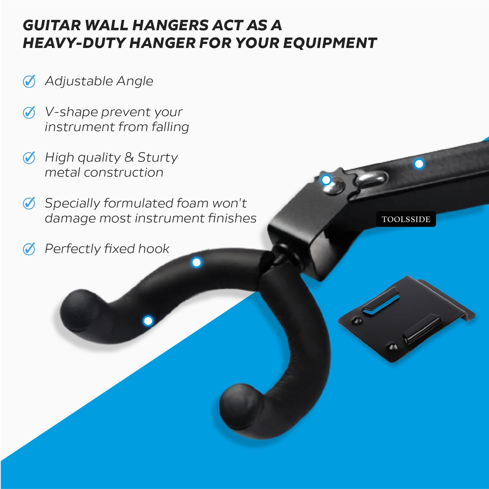 TOOLSSIDE 5 ganchos de pared para guitarra, soporte de pared 180, ganchos de guitarra para pared ajustables con adaptador de listones, soporte de pared para guitarra eléctrica acústica y bajo