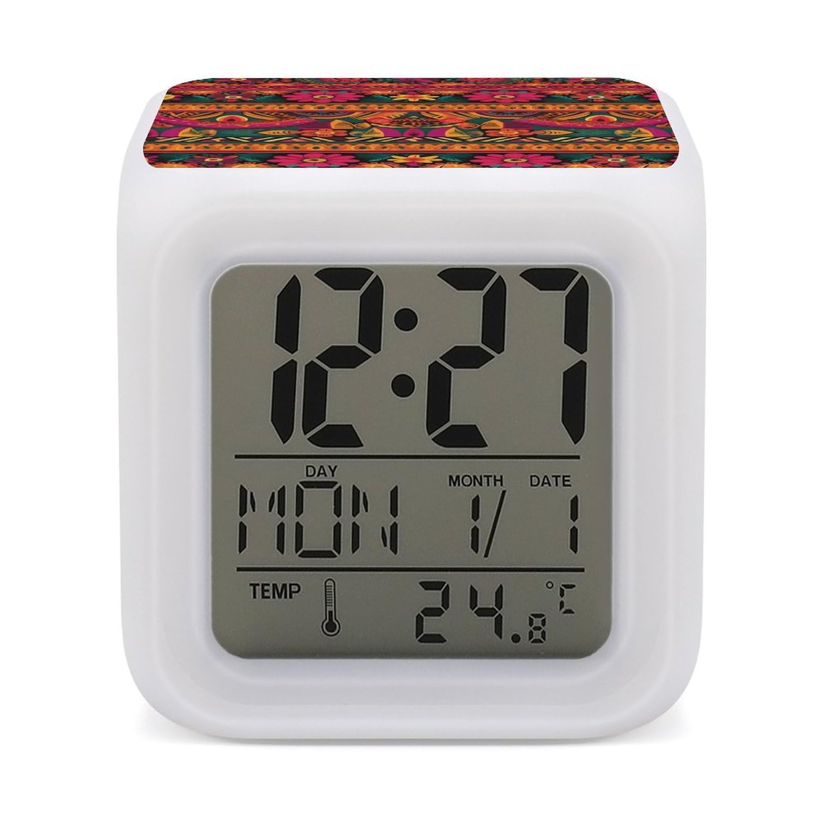 VstaDank Mexican Folk Art Boho Digital Alarm Clock LED Display Screen Color Change Alarms Clock Smart Alarm Clock Wake Up Digital Clocks with 7 Color Nightlight for Bedroom