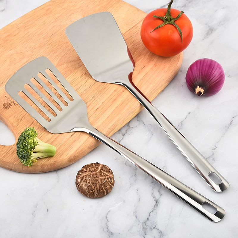 Stainless Steel Spatula Set di spatula Slotted Turner, Solid Turner, Stainless Steel in Matte Look for Non-Stick Cookware, Fish, Eggs, Pancake, Dishwasher Safe - immagine 4