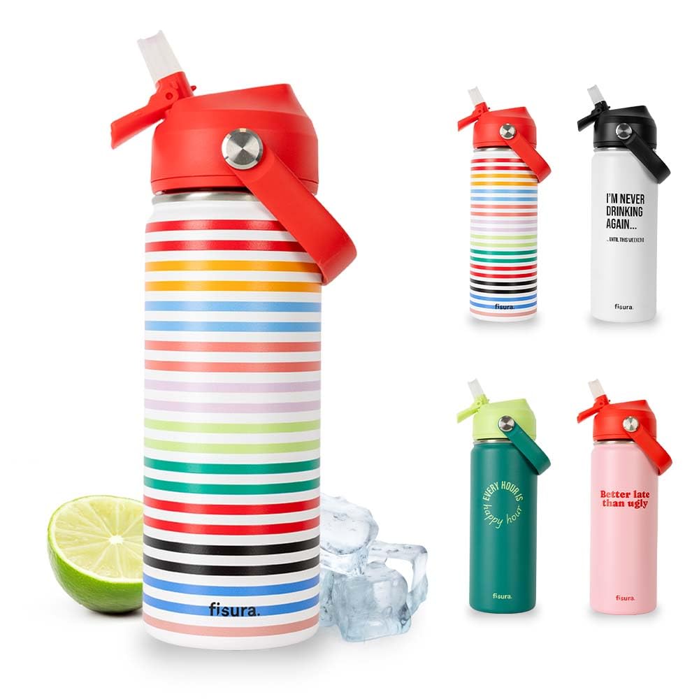 Fisura – Original Water Bottle with Design. 500 ml Thermal Bottle. BPA-Free Stainless Steel Thermos. Thermos with Straw for Sports, Travel, Outdoors, Office (Stripes, Multicolor)