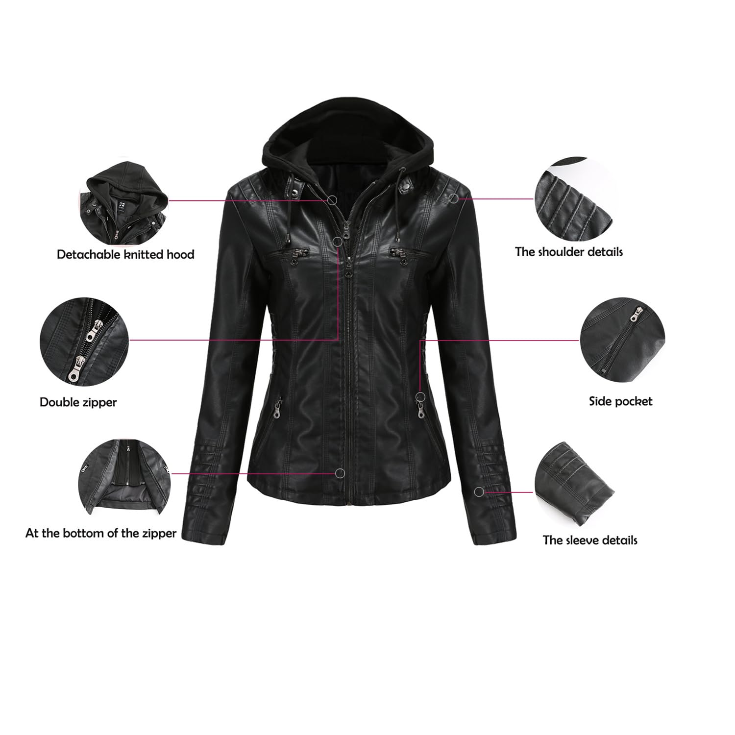 Générique Manteau matelassé entièrement zippé avec capuche amovible pour femmes en similicuir Casual MOTO BIKE jacket