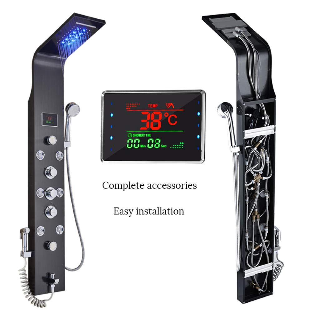 Stal nierdzewna wodospad LED panel prysznicowy z 6 funkcjami, z systemem masażu, wylewka z prysznicem ręcznym, kolumna prysznicowa - szczotkowana 8007-8009