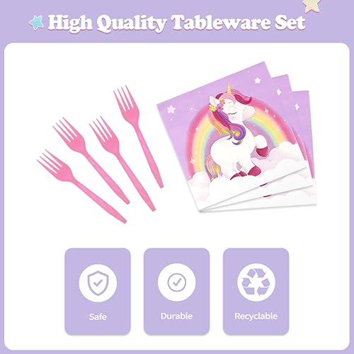 Miniatura 3 de Juego de 96 suministros de fiesta de unicornio arcoíris Incluye platos de papel para cena y postre, servilletas, tenedores para fiestas de