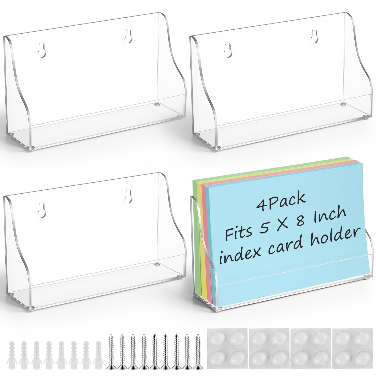 Dunzoom 4 Pack 5x8 Index Card Holder, 2-in-1 Desk &amp; Wall Mounted Acrylic Index Card Display Stand, Includes Screws &amp; Anchors, Clear Flash Notecard Organizer for Classroom, Office &amp; Study