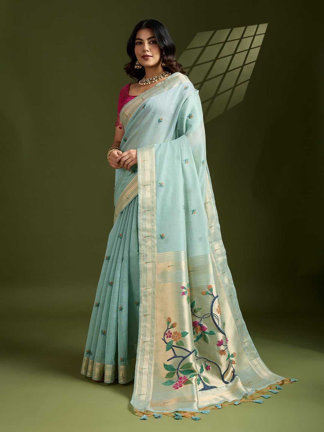 SGF11 Women's Kanjivaram Pure Cotton Linen Soft Silk Saree With Unstitched Blouse Piece product image 5